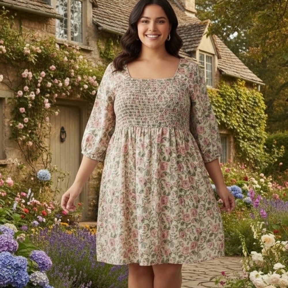 Ellos 1X Floral Smocked‎ Square Neck Midi Dress Pink Green Cotton Cottage